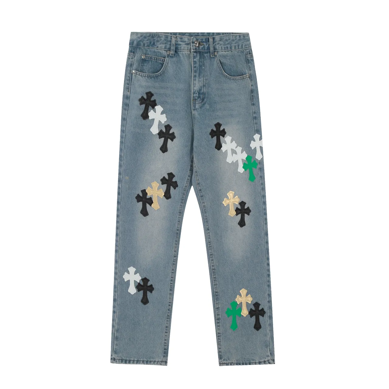 KE973#P250 The only correct leather label version on the market Chrome Hearts CH Cross embroidery distressed jeans Top ceiling quality 100% correct version The correct version is here!  Believe me this must be the best quality you will ever come across! ! Excellent value for money! !  Styles with different washes and textures are very friendly to people with thin legs and thick legs. The straight version is very flattering to the shape of the legs. The moderate length is timeless and easy to match. It is the basis of various styles and a must-have in the wardrobe! ! Add a little stacking to easily control this year's popular clean fit fabric. The fabric is stiff but the upper body is soft without losing texture. The sides and cuffs of some styles have a bone-wash effect. It's really hard not to love it! The outfit effect is immediate! ✅Correctly customize the Croxin metal leather label on the back panel. It is not sold directly with the cross on the finished jeans. 1:1 copying strives for excellence and the details are perfectly grasped. ✅The cross leather label is clear and smooth. Exquisite turning top craftsmanship. ✅Buttons, zippers and hardware are all customized versions of the Croxin LOGO. ✅High-cost washing process. Size: 28 30 32 34 36 (5 sizes)